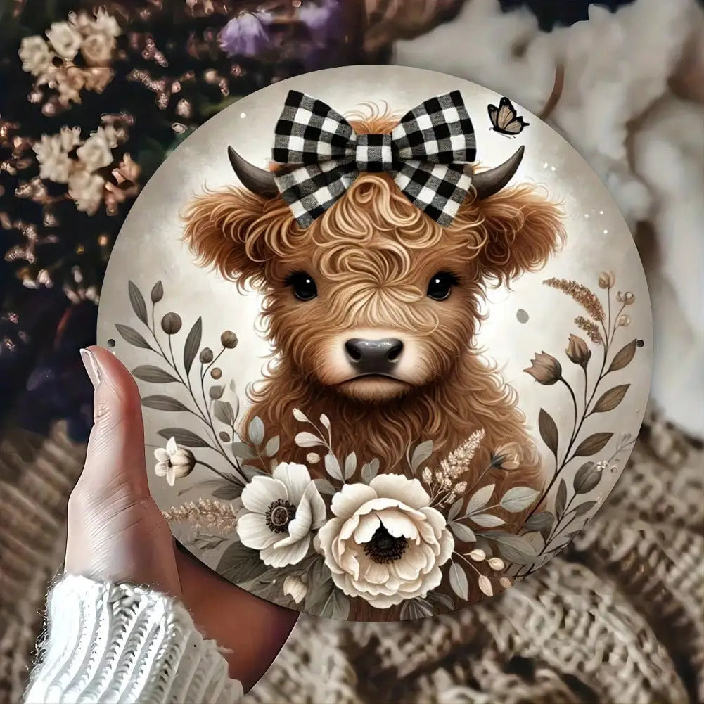 1Pc Round Wooden Highland Cow Sign - Floral Wreath Checkered Bow Tie Decor for Home/Kitchen/Garden/Office