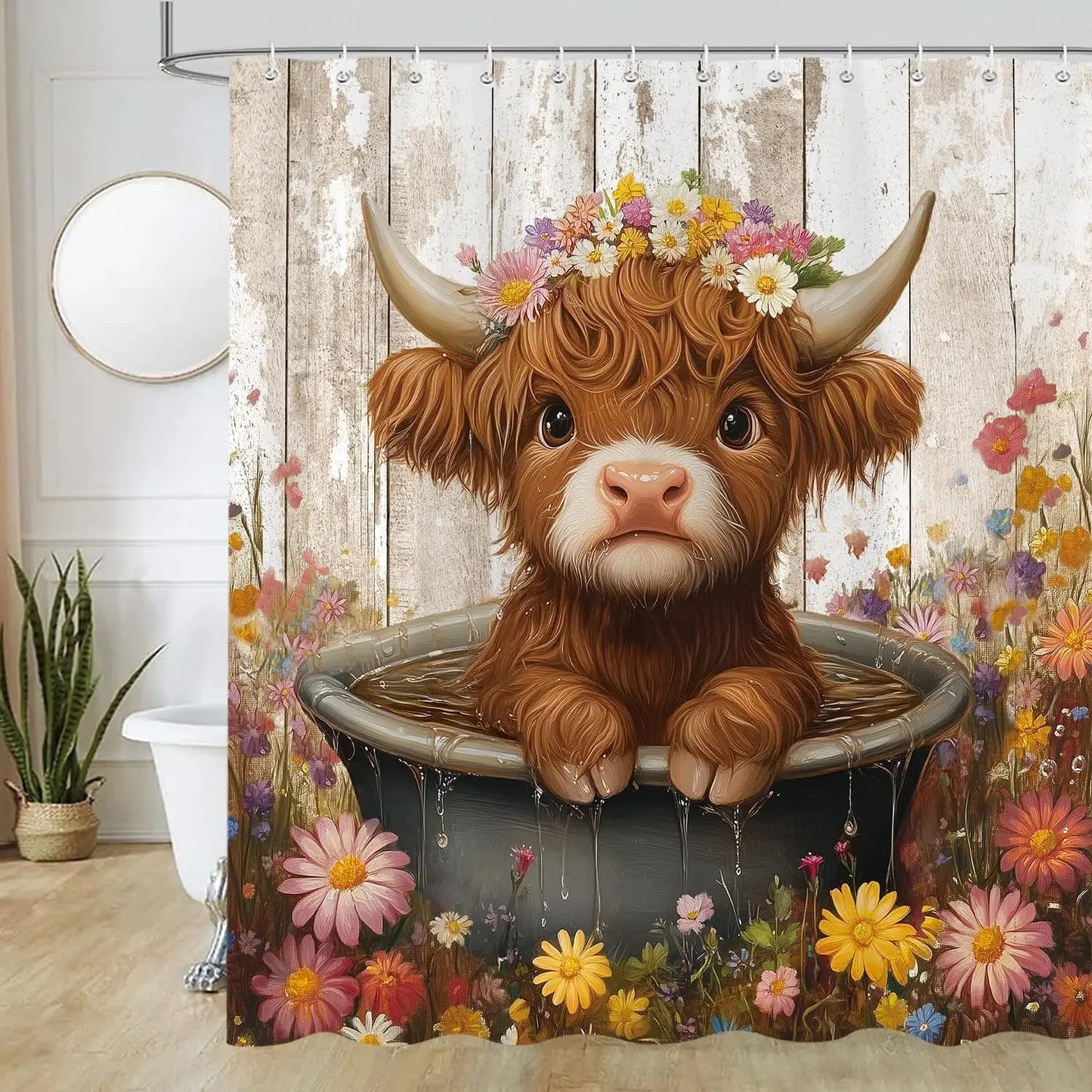 Cute Highland Cow Shower Curtain for Bathroom, Farmhouse Rustic Cow Animal Bathing in Bathtub Shower Curtains Decor Set