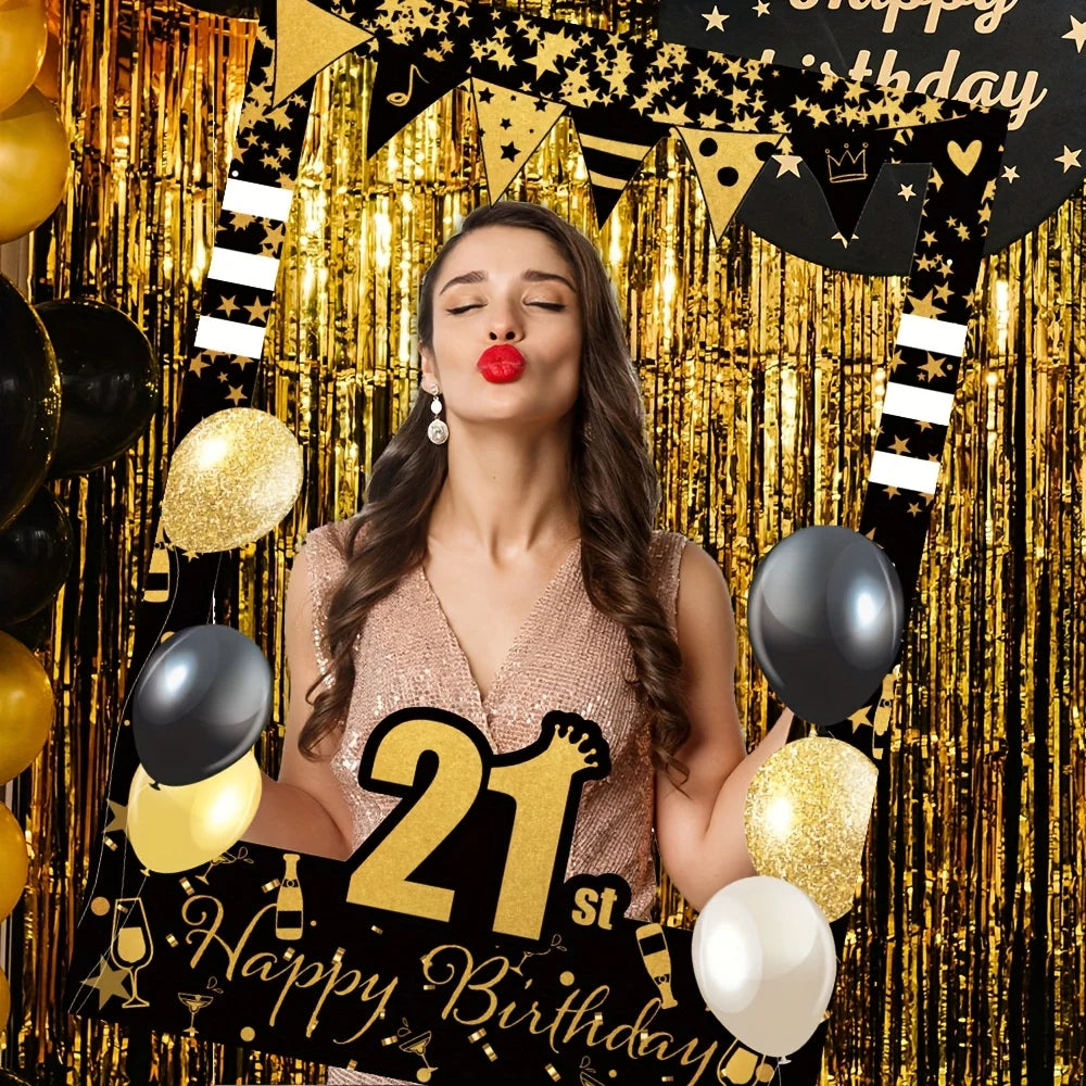 Black Gold Happy Birthday Photo Booth - 18, 21, 30, 40, 50, 60 years old. Party decoration supplies for people aged 70 and 80