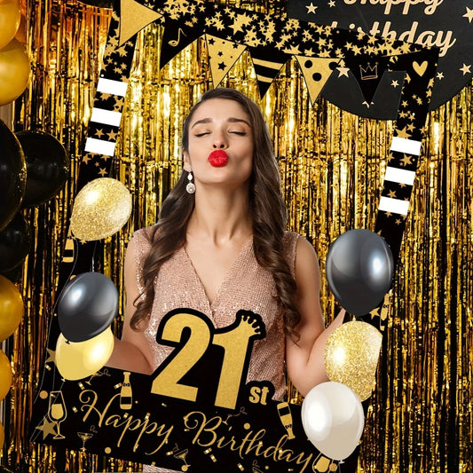 Black Gold Happy Birthday Photo Booth - 18, 21, 30, 40, 50, 60 years old. Party decoration supplies for people aged 70 and 80