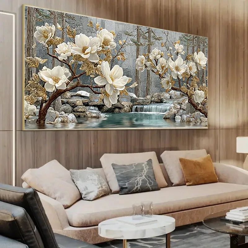5D DIY Diamond Art Blooming White Magnolia Flowers Golden Leaves Diamond Mosaic Paintings Full Drill Diamond Embroidery Decor