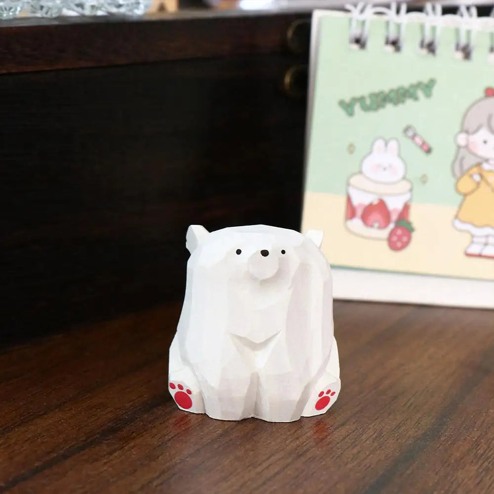 Animal Sculptures Solid Wood Wooden Bear Figurines Hand Carved Realistic Polar Bear Ornament Cute Funny Mini Bear Statue Car