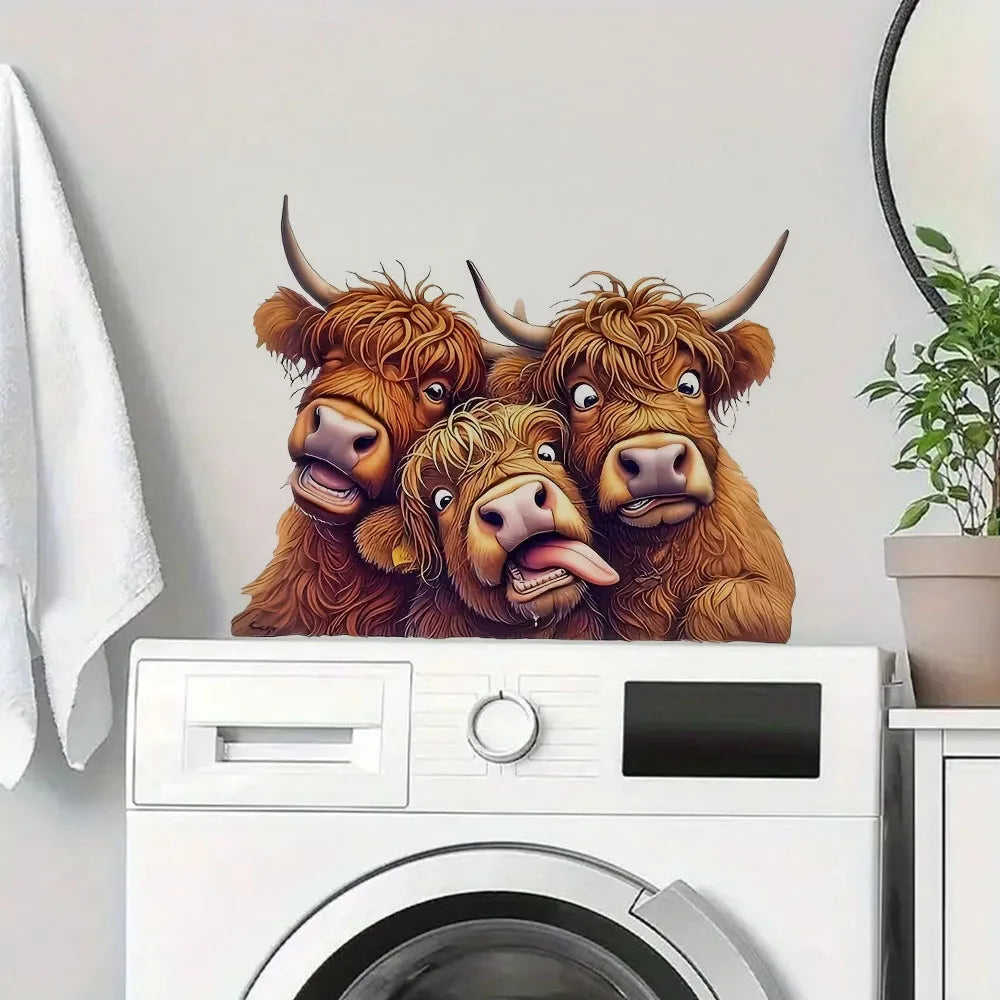Three Fun and Cute Scottish Highland Cow Vinyl Stickers, Bright Wall for Home, Cabinet, Door,Refrigerator Decoration, Vinyl Car