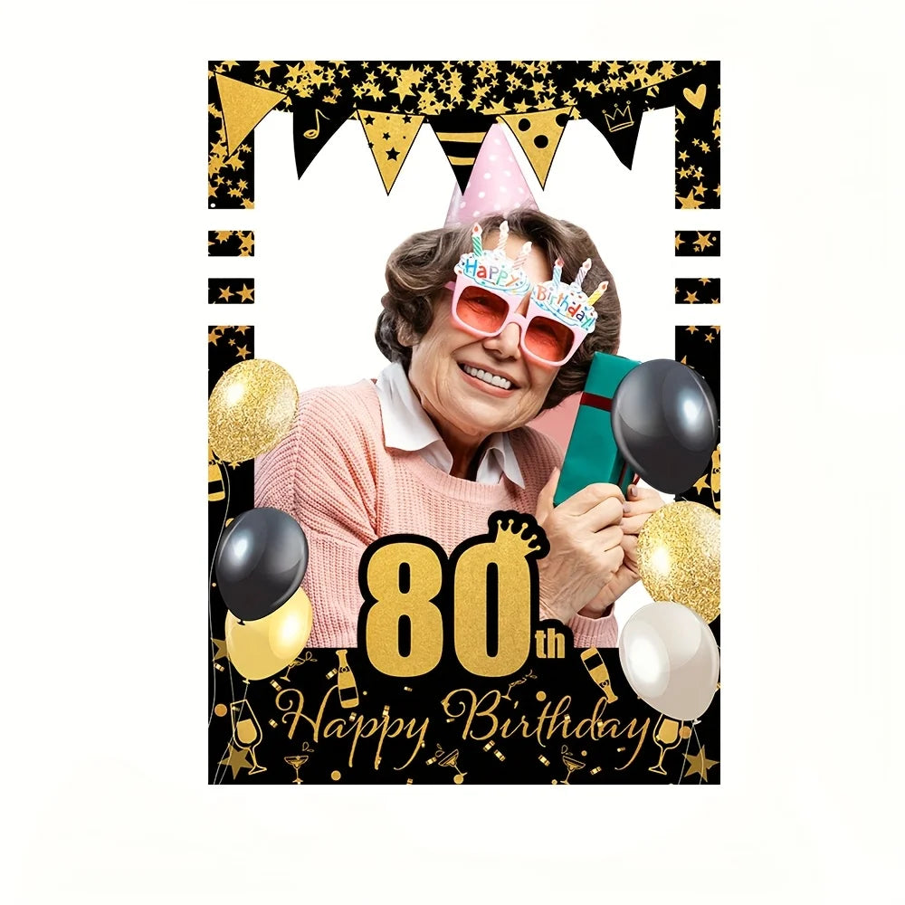 Black Gold Happy Birthday Photo Booth - 18, 21, 30, 40, 50, 60 years old. Party decoration supplies for people aged 70 and 80