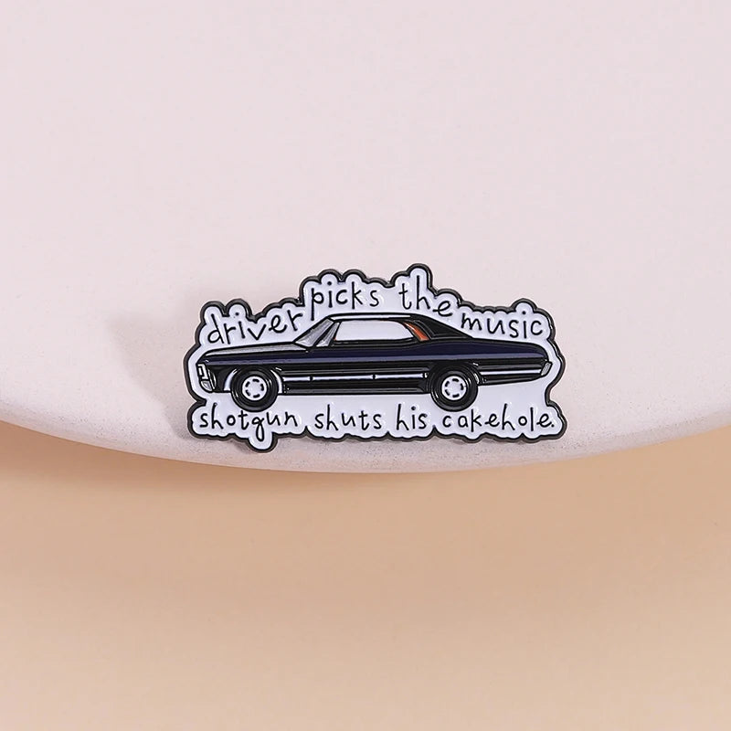 Supernatural TV Show Enamel Pin Driver Picks the Music Gun Shuts His Cakehole Metal Brooch Lapel Badge Jewelry Gift For Friends