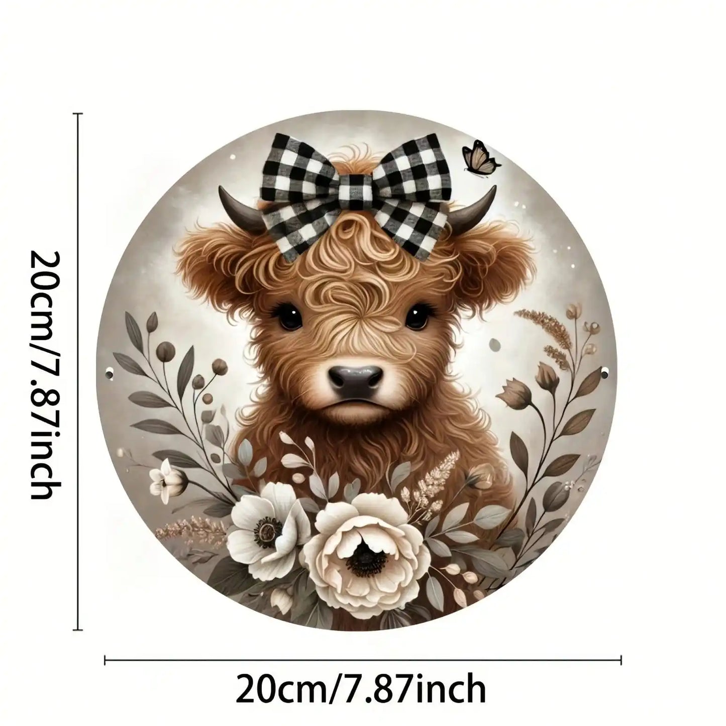 1Pc Round Wooden Highland Cow Sign - Floral Wreath Checkered Bow Tie Decor for Home/Kitchen/Garden/Office