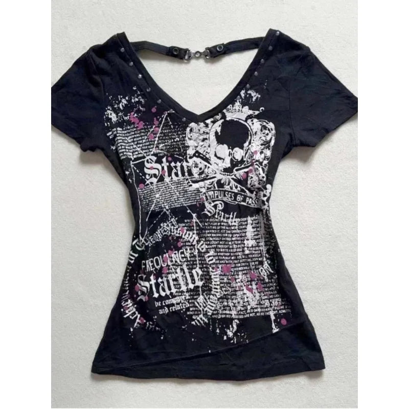 Gothic T-shirts Women Vintage Punk Y2k Crop Tops Punk Skull Black Hot Girl Tshirt Short Sleeve Fashion Street Tees Sxey Vintage