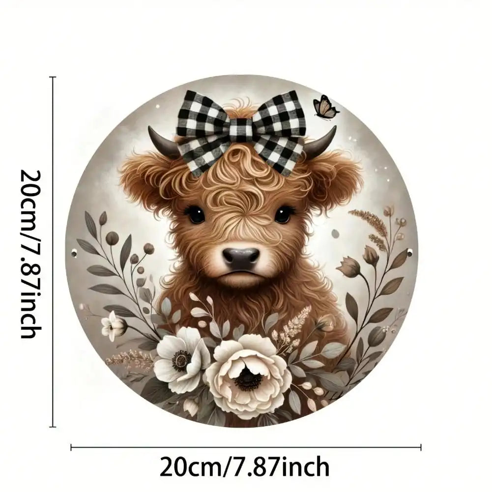 1Pc Round Wooden Highland Cow Sign - Floral Wreath Checkered Bow Tie Decor for Home/Kitchen/Garden/Office
