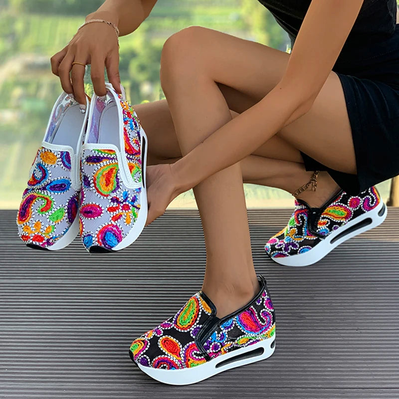 Rainbow Embroidered Platform Loafers for Women Summer Breathable Mesh Sneakers Woman Plus Size Lightweight Slip On Casual Shoes