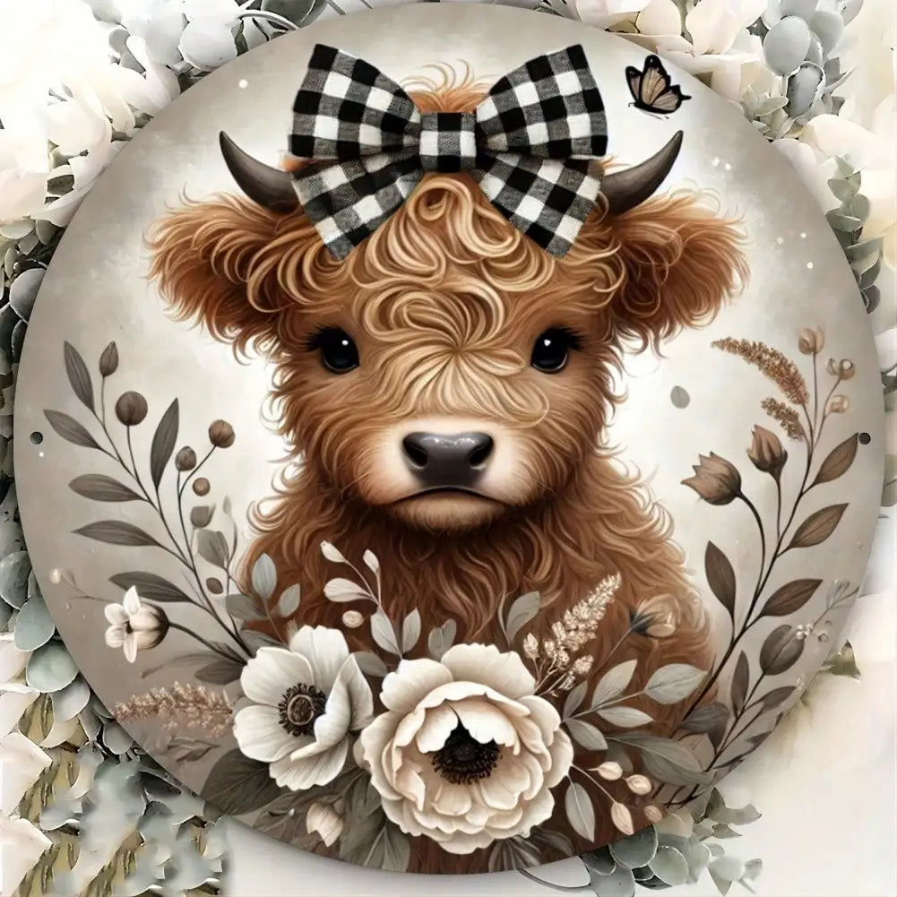 1Pc Round Wooden Highland Cow Sign - Floral Wreath Checkered Bow Tie Decor for Home/Kitchen/Garden/Office