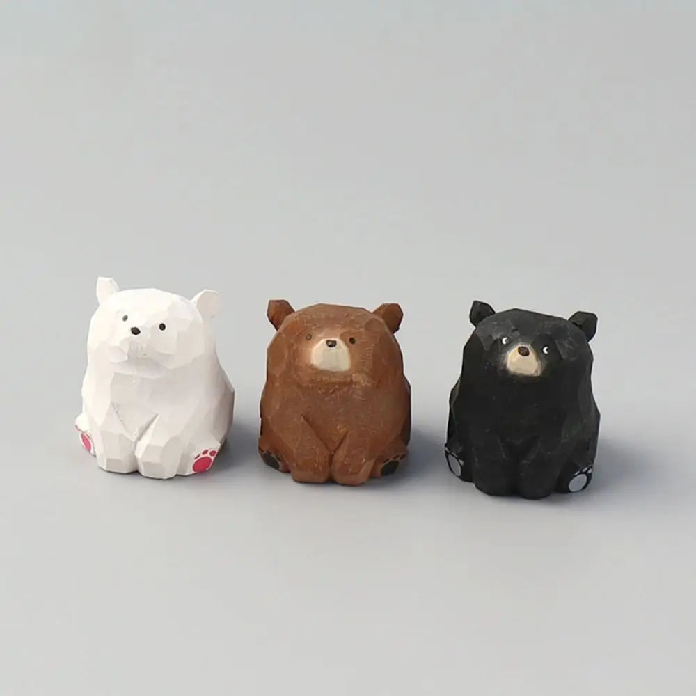 Animal Sculptures Solid Wood Wooden Bear Figurines Hand Carved Realistic Polar Bear Ornament Cute Funny Mini Bear Statue Car