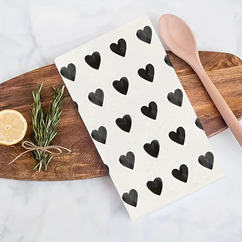 2-Pack Black Heart-Shaped Valentine's Day Kitchen Towels, Dish Towels, Hand Towels, Holiday Decorative Hand Towels, Soft Absorbent Drying Cloths, Kitchen Decoration, Table Decoration, Kitchen Supplies, Home Decoration
