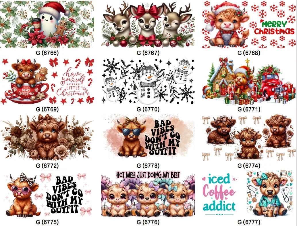 Highland Cattle Baby 16oz UV DTF Sticker Cup Personalize UV Wrap Label DIY Logo Self Adhesive Cow Design 3D Transfer Sticker