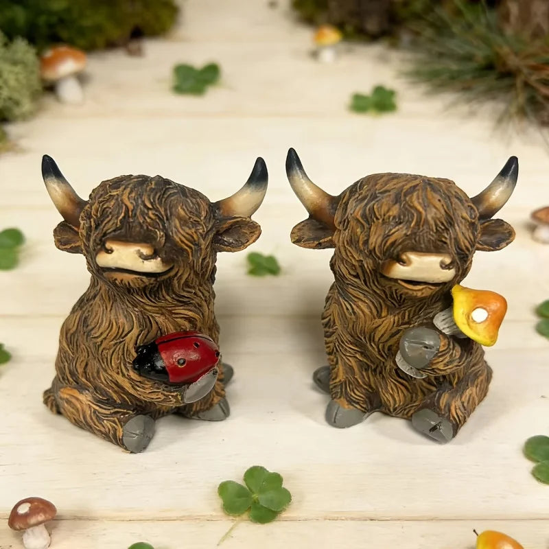 2Highland Cow Figurine Set，Cute Scottish Highland Cow Sculpture with Ladybug and Mushroom，Resin farm animal decorations