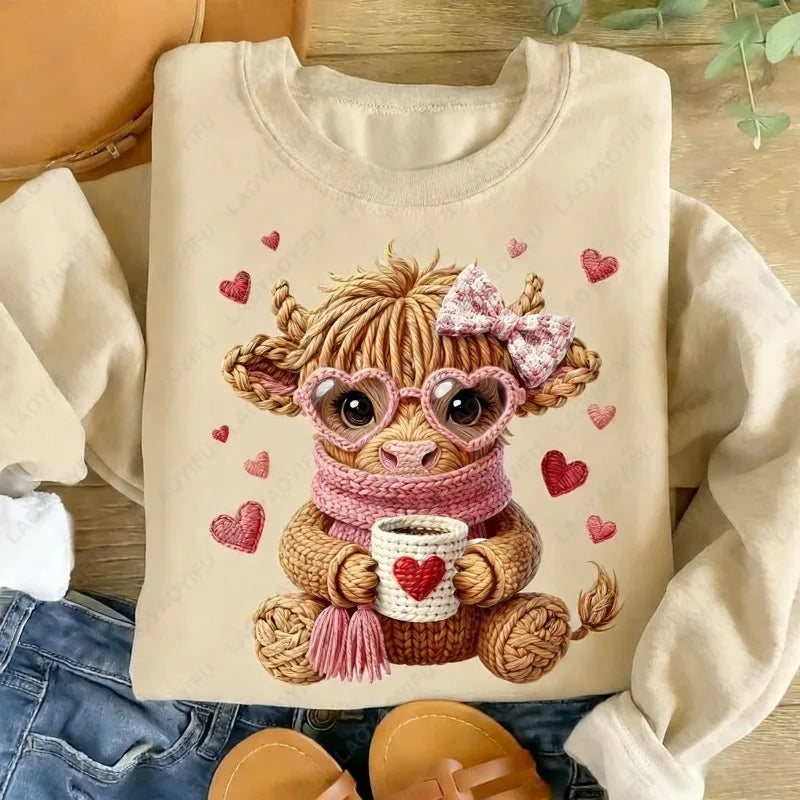 Highland Cow Valentine Day Imitation Knitting Coquette Coffee Preppy Lovely Style Casual Winter Pullover Cute Retro Women Hoody