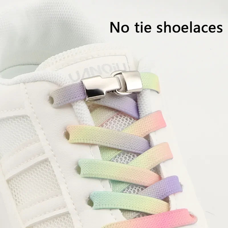 1Pair Rainbow Shoe Laces Without Ties Elastic Shoelaces Metal Buckle Lock Convenient Lazy Shoes Lace For Sneakers Accessories