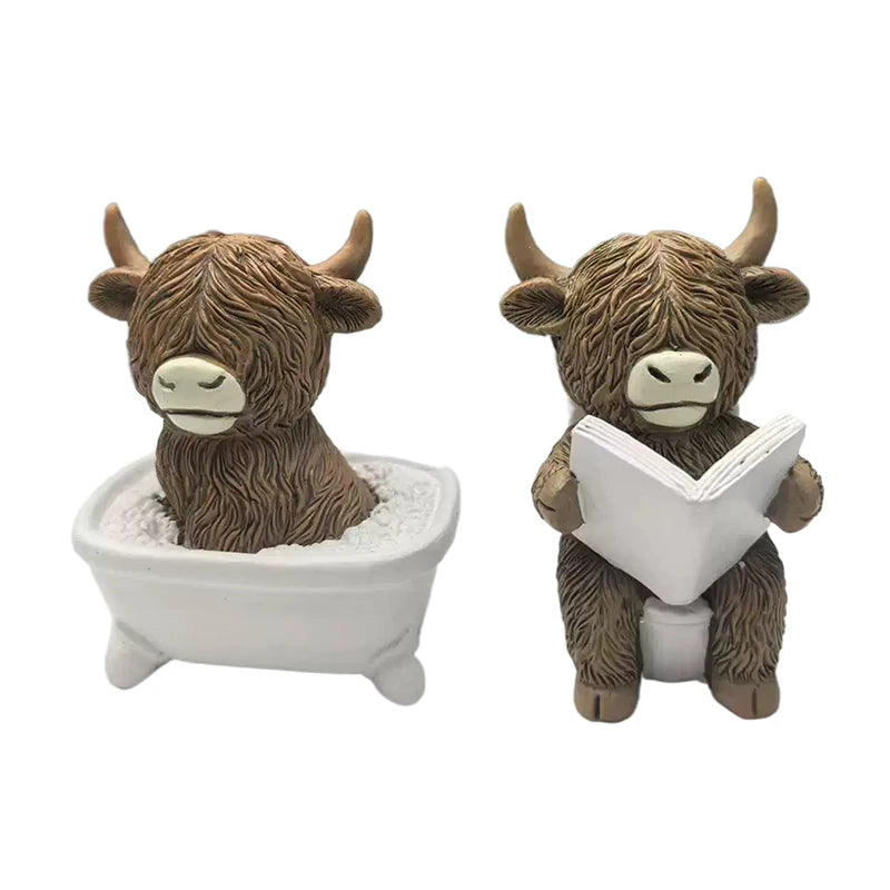 Cute Scottish Highland Cow Resin Figurines Funny Bathing & Reading Cow Statue Desk Decor For Home Bathroom Office Holiday Gift