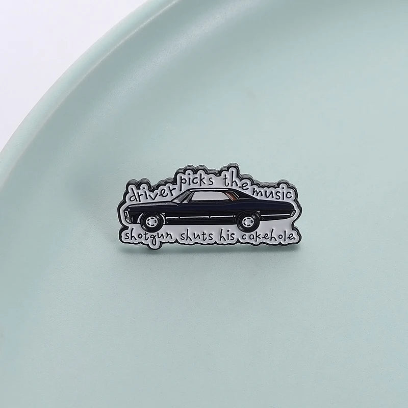 Supernatural TV Show Enamel Pin Driver Picks the Music Gun Shuts His Cakehole Metal Brooch Lapel Badge Jewelry Gift For Friends