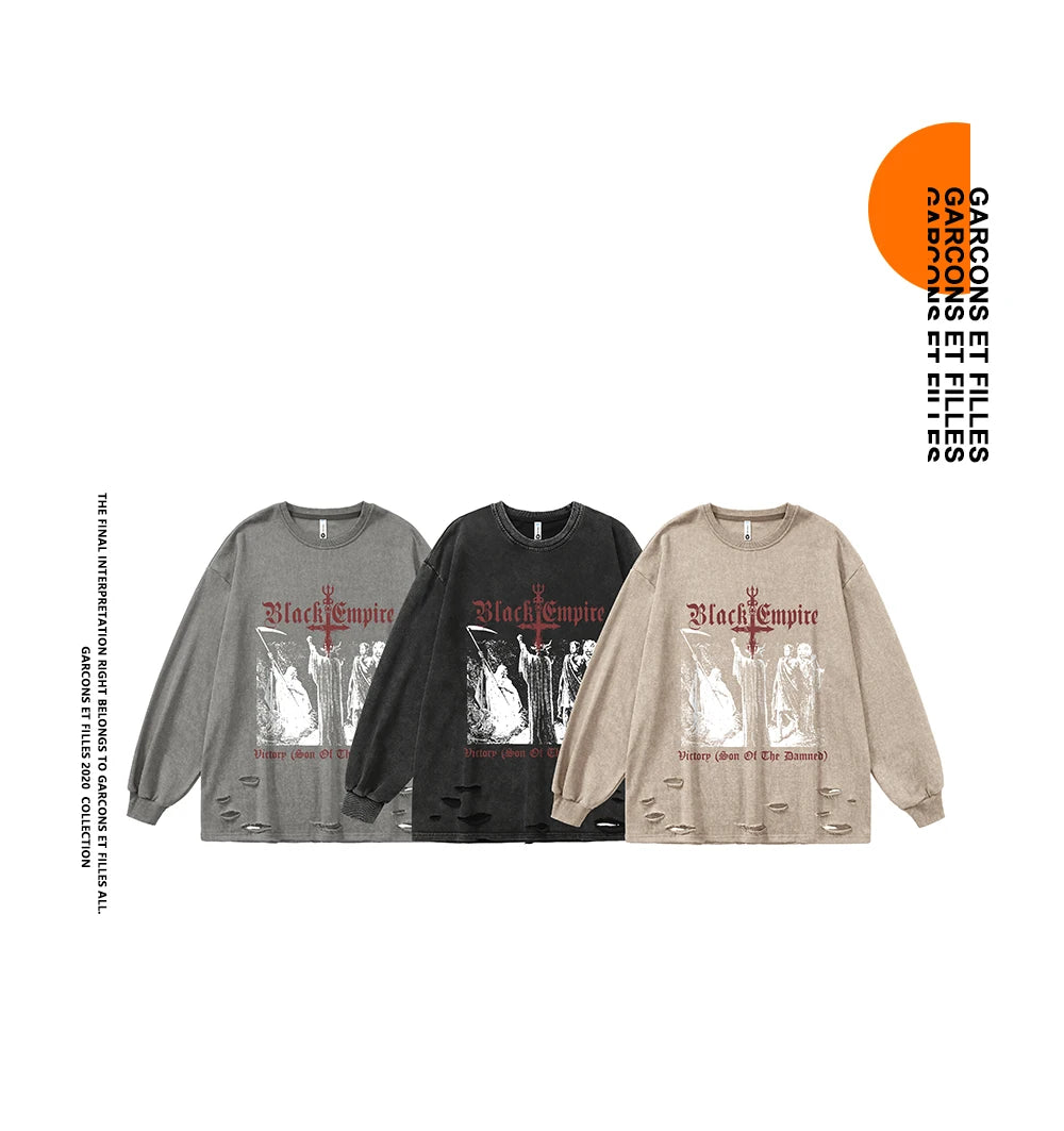 Black Goth Ripped Holes Retro Unisex Oversize Thin Sweatshirts T Shirt Women Men Hoodies Y2k Grunge Clothes Cotton Harajuku Tops
