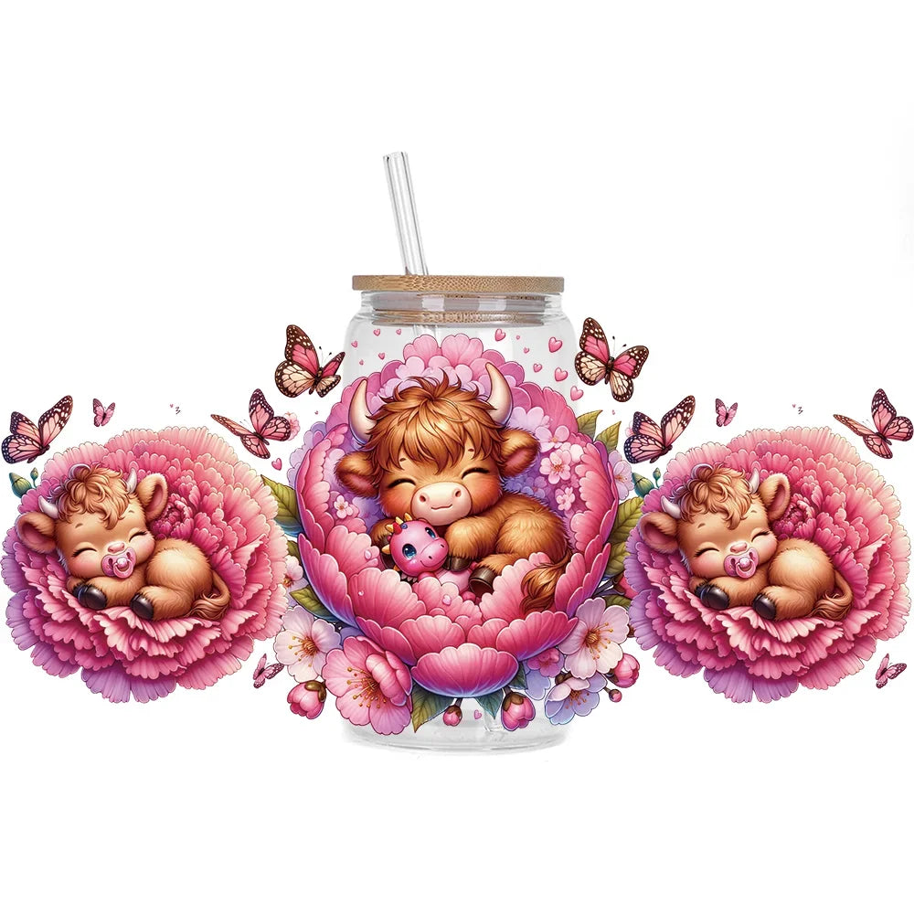 Highland Cattle Baby 16oz UV DTF Sticker Cup Personalize UV Wrap Label DIY Logo Self Adhesive Cow Design 3D Transfer Sticker