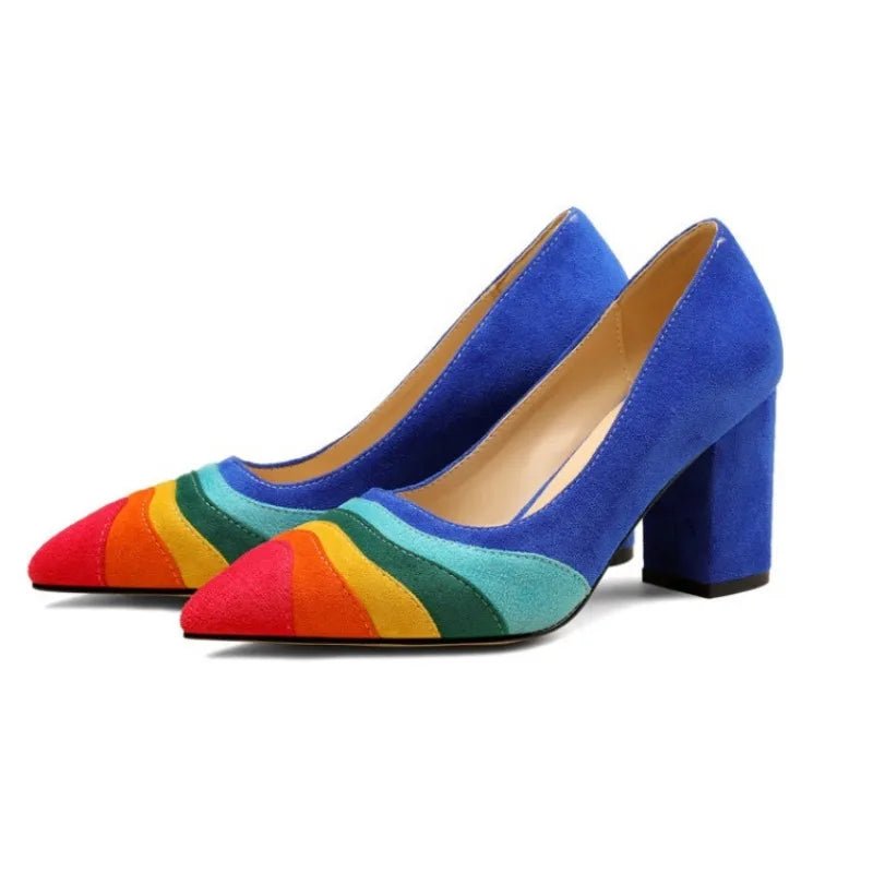 Summer New Rainbow Mixed Color 8cm High Heel Sandals  Women's French Pointed Shallow Mouth Runway Banquet Wedding Shoes size 43