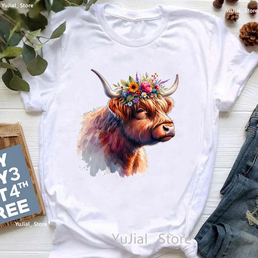 Highland Cow Floral Crown Animal Printed T Shirt Women Clothes 2024 Summer Fashion Tops Tee Shirt Femme Harajuku Shirt