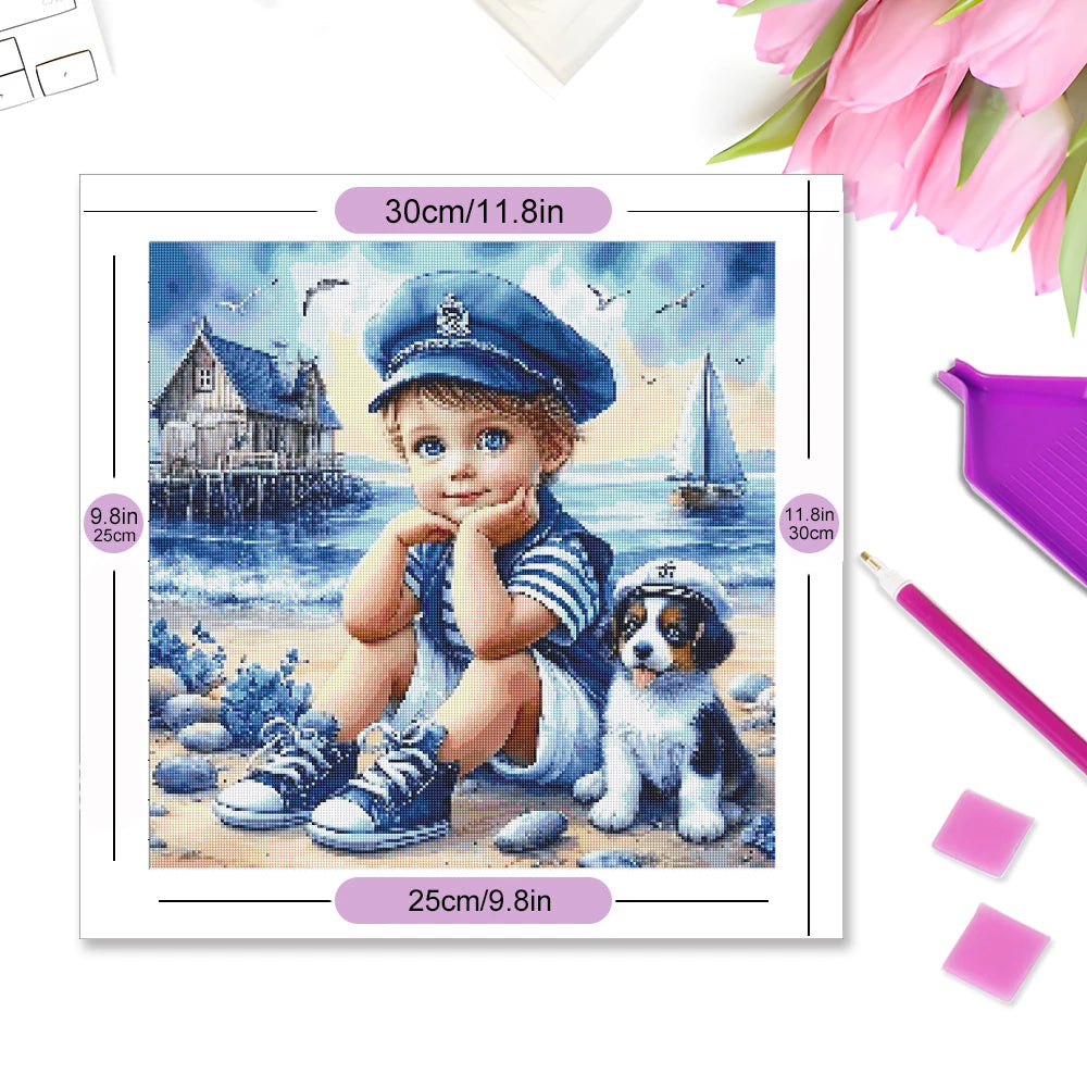 Momoart Full Diamond Painting Kid Boy Portrait Picture Of Rhinestones Mosaic Dog DIY Embroidery Seasdie Home Decor
