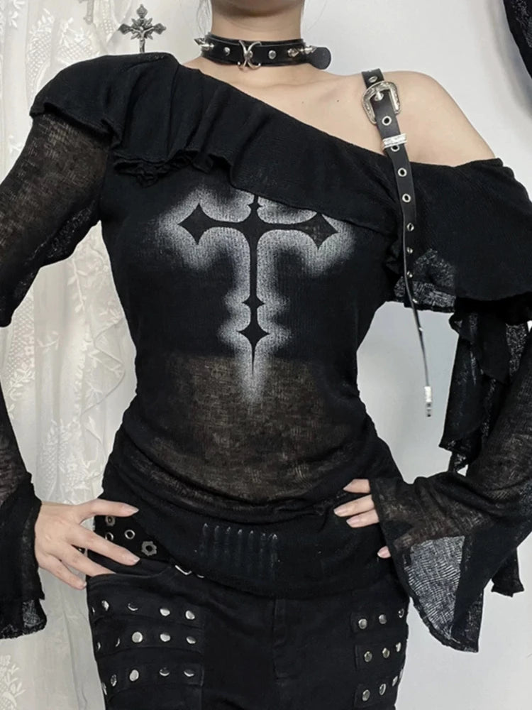 Deeptown Black Gothic Graphic T-Shirts Women Y2k Grunge Punk Off Shoulder Tees Sexy See Through Tops Vintage Flared Sleeve Tees