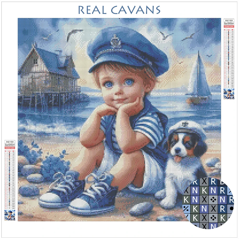 Momoart Full Diamond Painting Kid Boy Portrait Picture Of Rhinestones Mosaic Dog DIY Embroidery Seasdie Home Decor