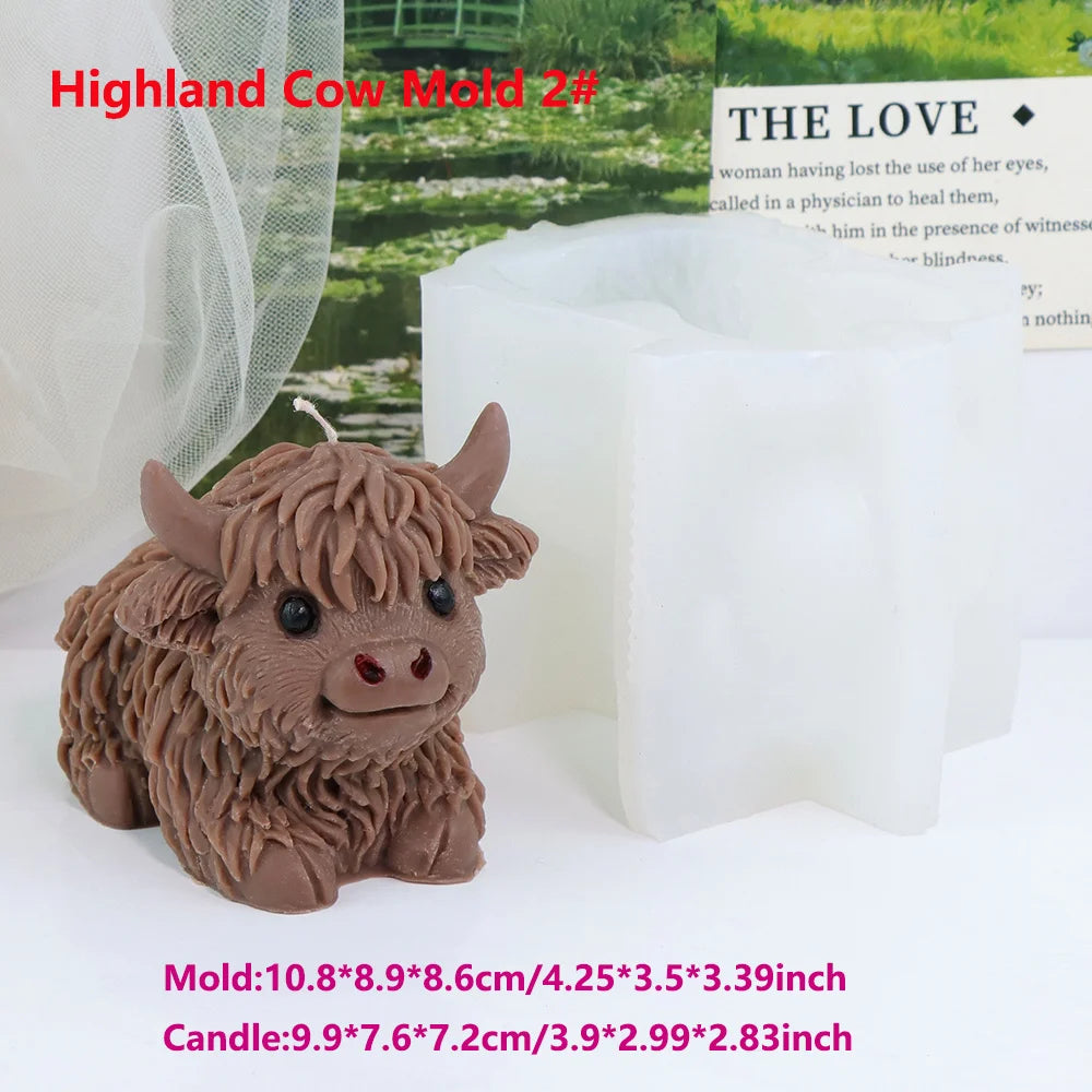 3D Highland Cow Silicone Mold Highland Yak Candle Mold Cute Animal Cattle Resin Concrete Cement Statue Art Mold Home Decor Tool