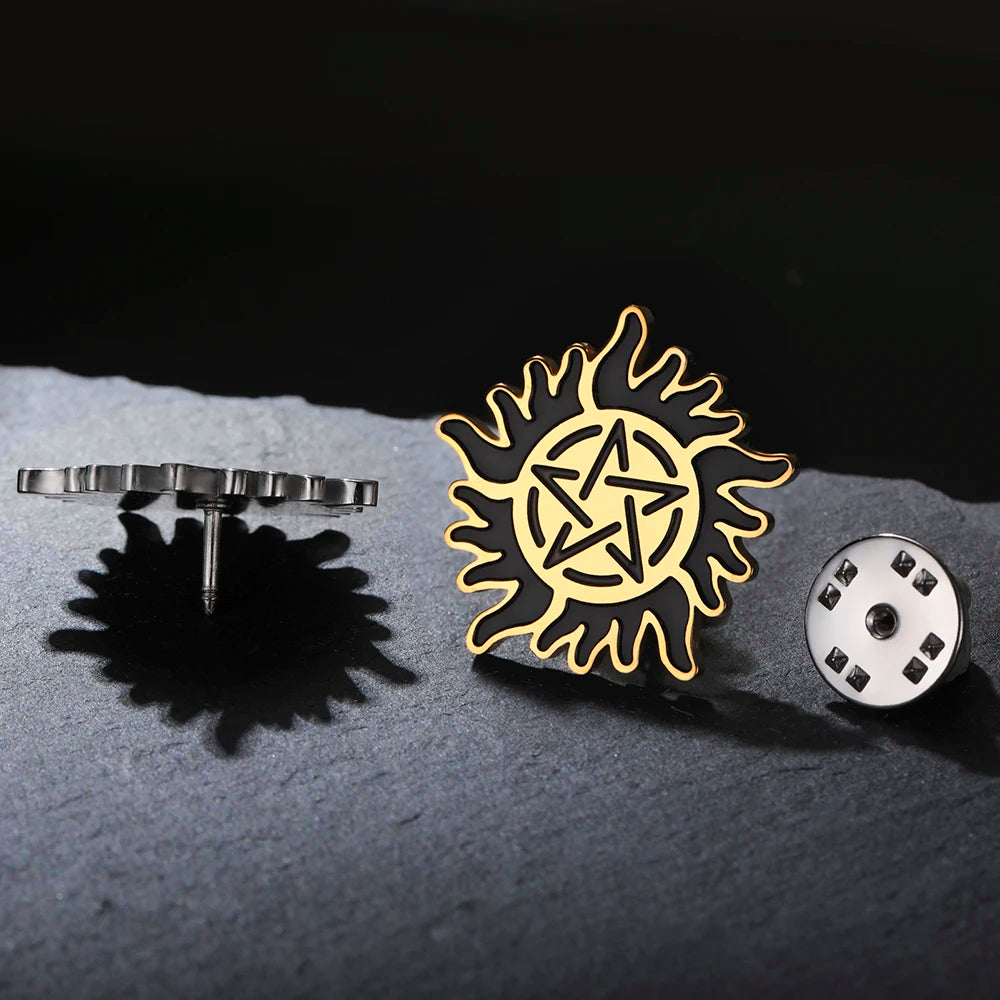 Dawapara Supernatural Anti Possession Symbol Brooch Pins Sunshine Pentagram Protection Amulet Stainless Steel Jewelry