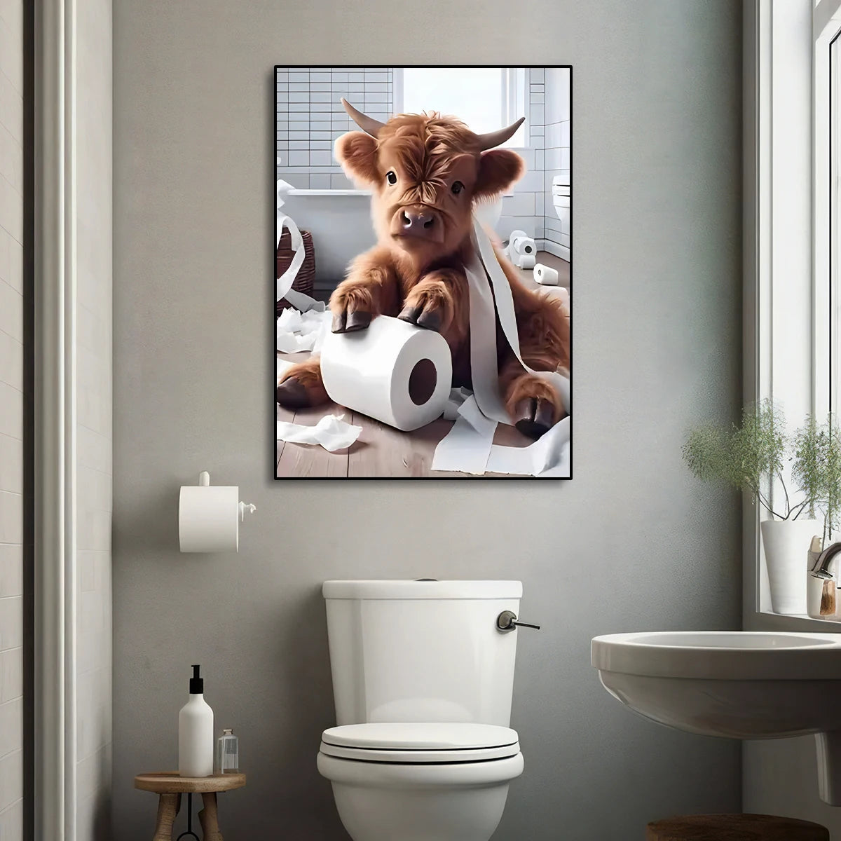 Modern Scottish Highland Cow Canvas Prints Cute Country Animal Wall Art Posters for Bathroom Living Room Farmhouse Decor Cuadros