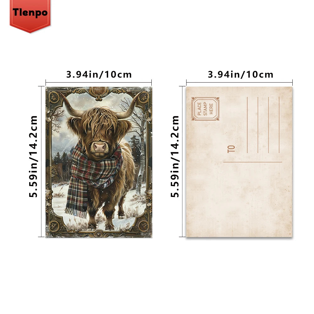 32pcs Christmas Highland Cow Postcards, Holiday Gifts,Bedroom Decor,Thick Cardstock,High Definition Printing,Collectible Cards