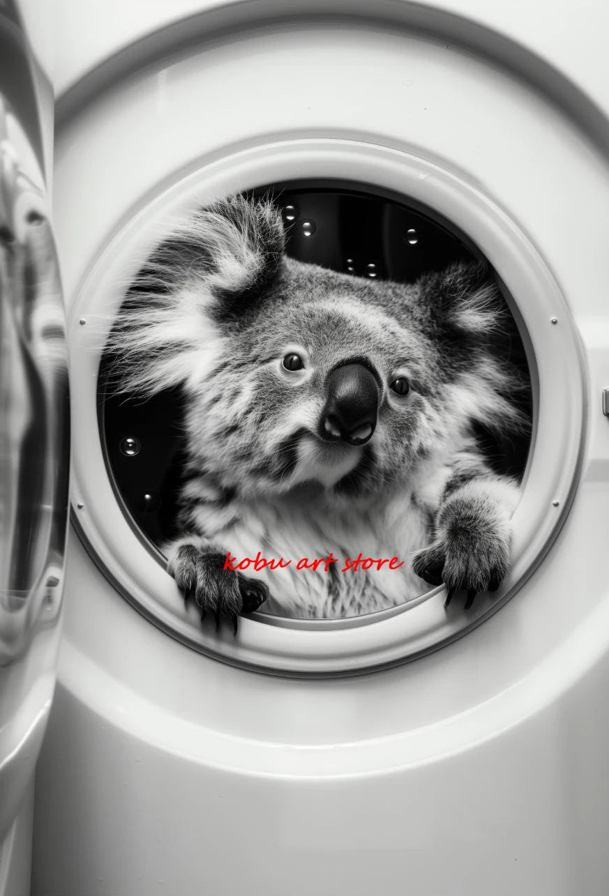 Bear Highland Cow Giraffe Animal in Washing Machine Poster Canvas Printing Wall Art Picture Fun Laundry Room Utility Room Decor