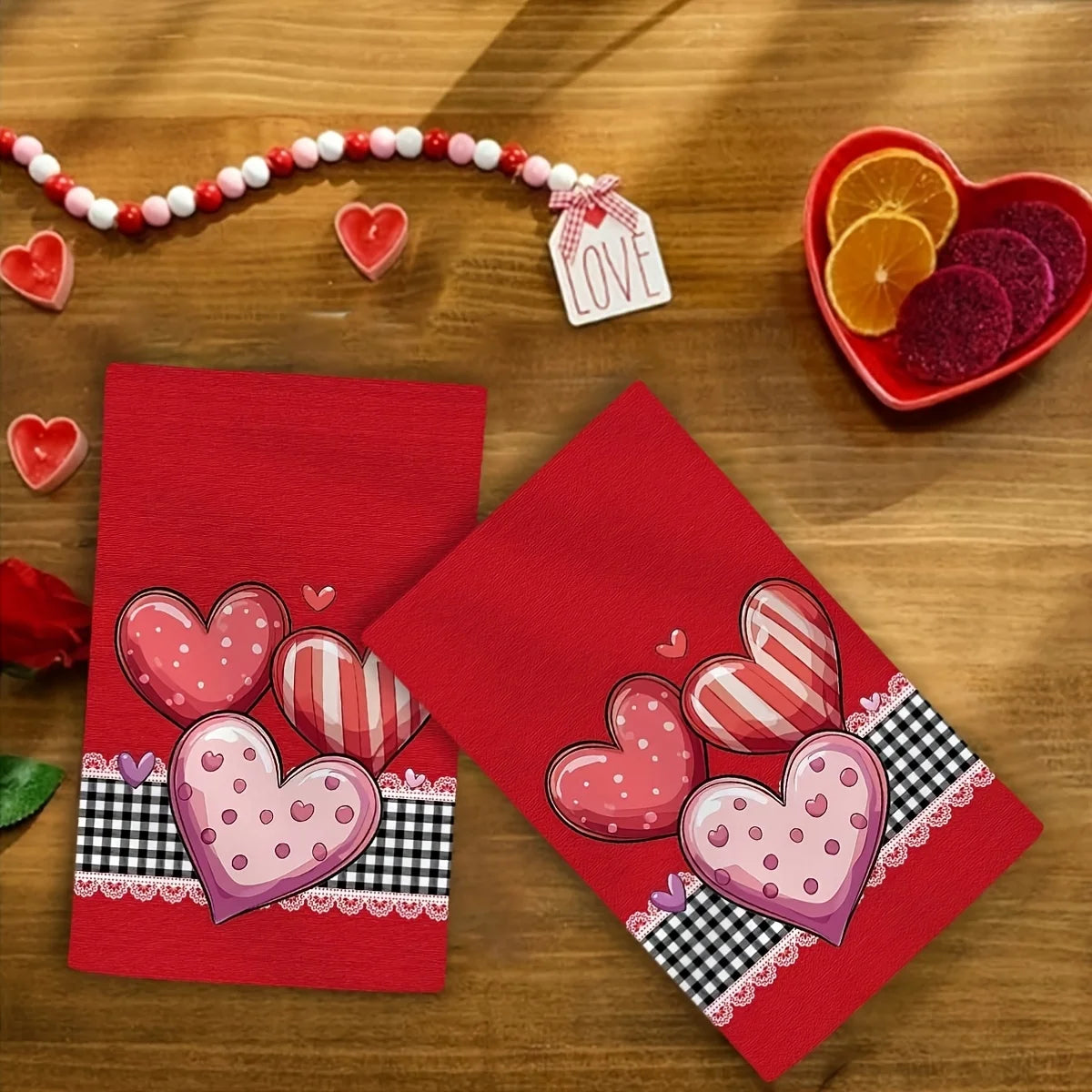 2 pieces of Valentine's Day heart-shaped kitchen towels - cute heart-shaped print, suitable for cooking, baking, dish drying