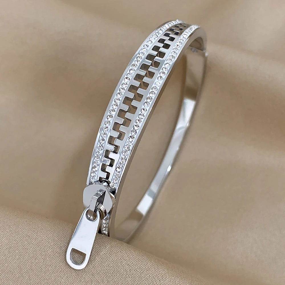 AENSOA Luxurious Zipper Style Stainless Steel Waterproof Rust Resistant Bracelets Inlaid Rhinestone Gold Plated Bracelet Bangles