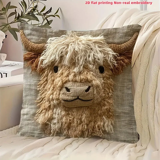 Cute Highland Cow Design 2D Flat-Printed Pillow Cover for Home Decor Sofa cushion cover, home decoration, 2D printing