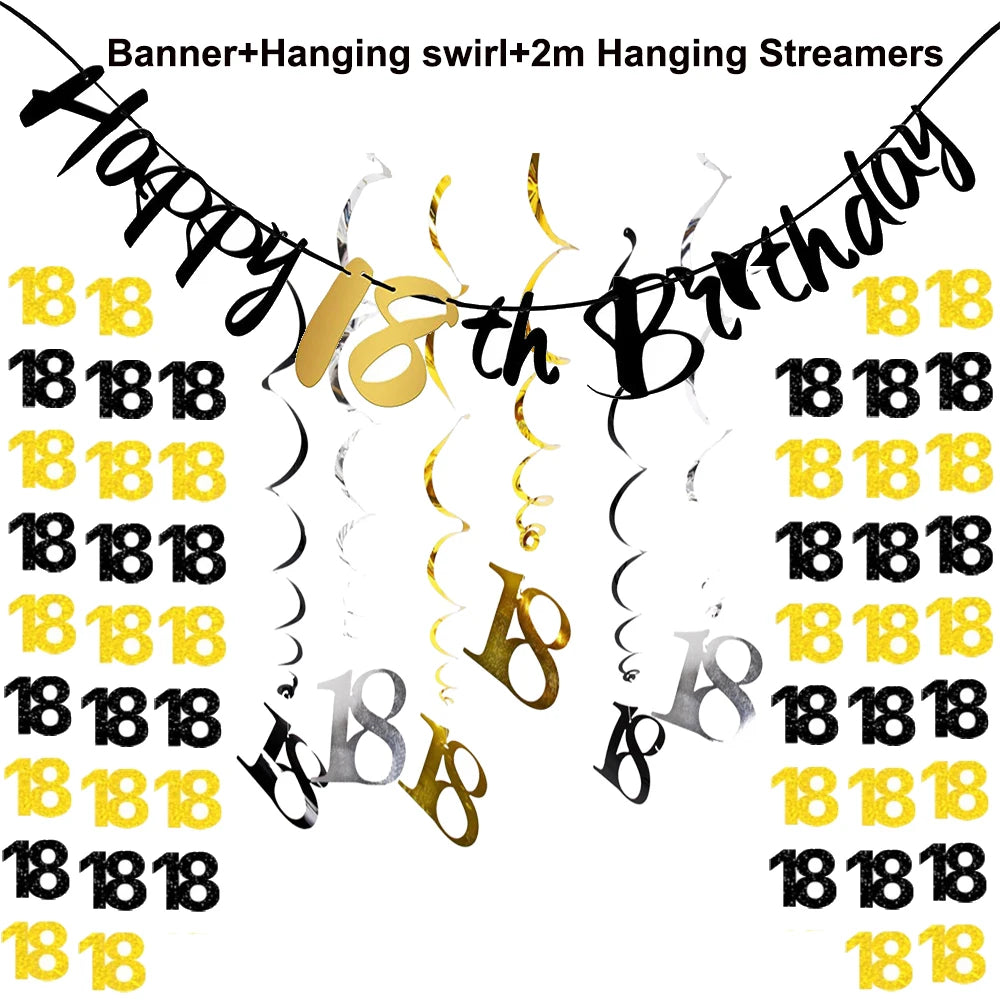 18th Birthday Decors for Boys Girls Black Gold Party Banner Balloon Tablecloth Plate Cup Napkin 18 Years Birthday Party Supplies