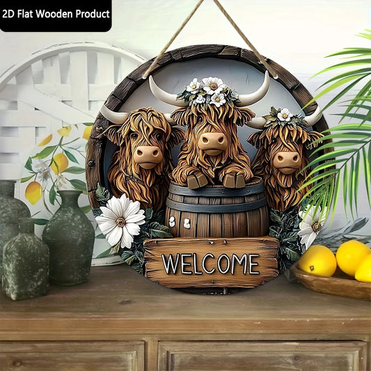 2D Flat, Rustic Highland Cow Welcome Sign Wall Decor - 2D Flat Wooden Plaque with Floral Accents, Aged Vintage Look, 19.99x19.99