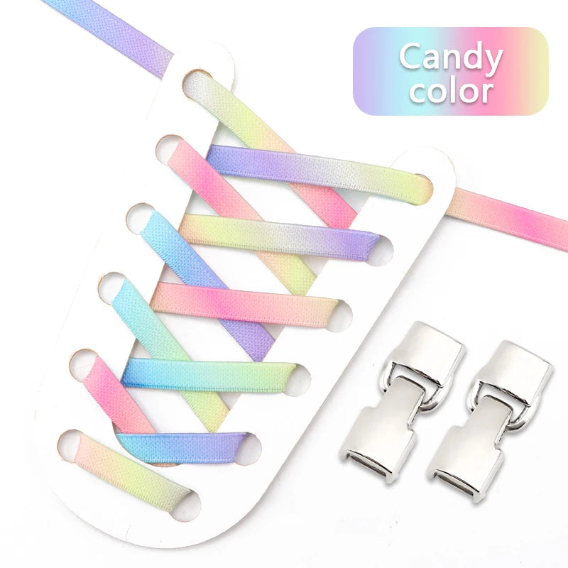 1Pair Rainbow Shoe Laces Without Ties Elastic Shoelaces Metal Buckle Lock Convenient Lazy Shoes Lace For Sneakers Accessories