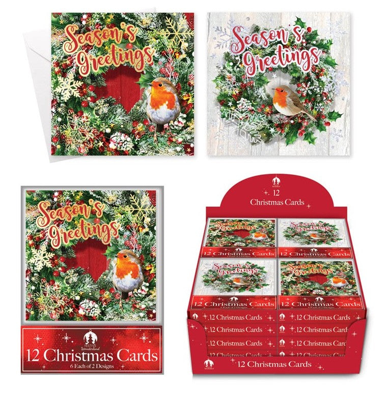 Christmas Acetate Painted Robin, Wreath 12 Cards