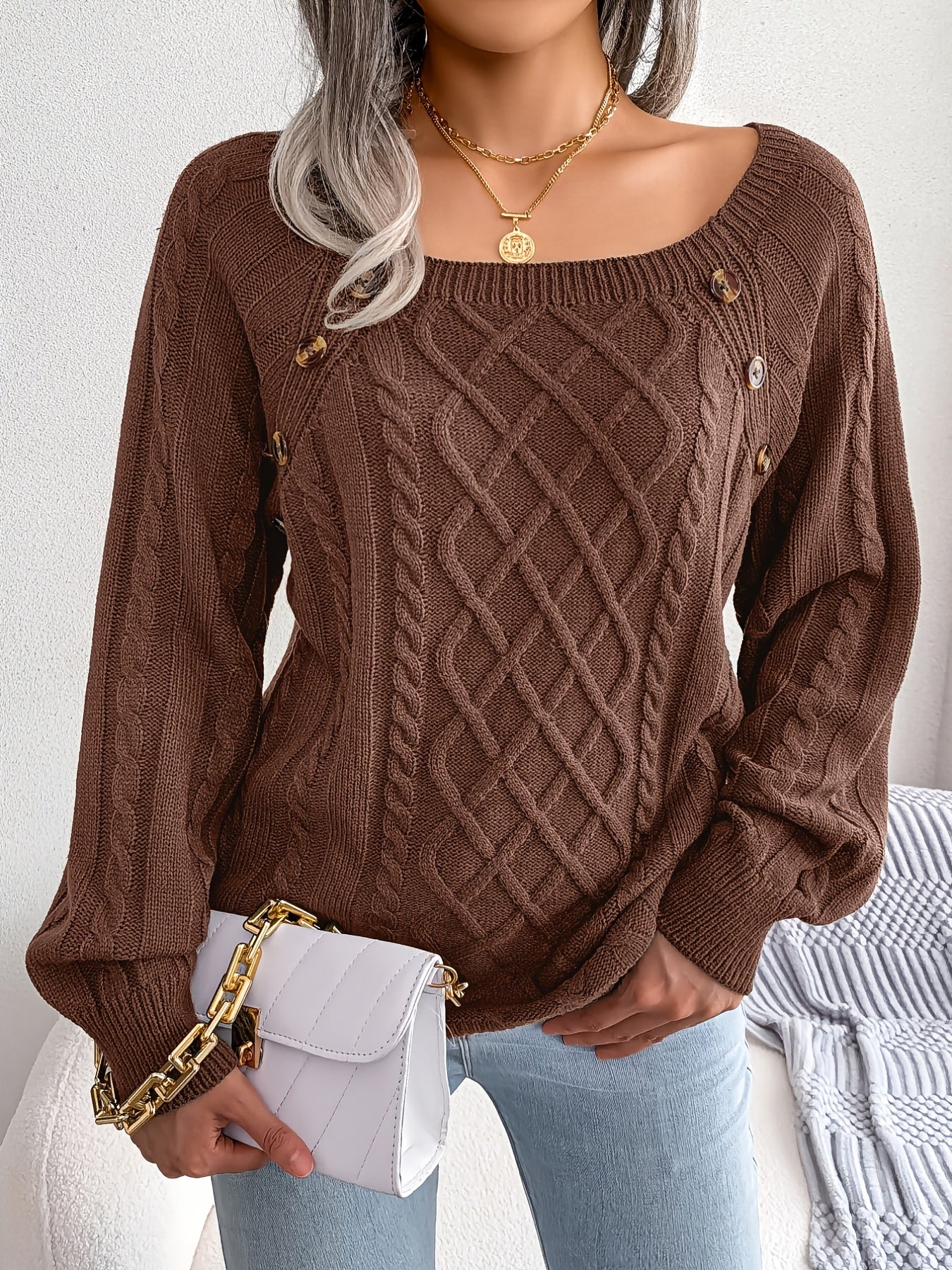 Autumn/Winter European and American Casual Solid Color Square Neck Button Twist Long Sleeve Pullover Sweater
