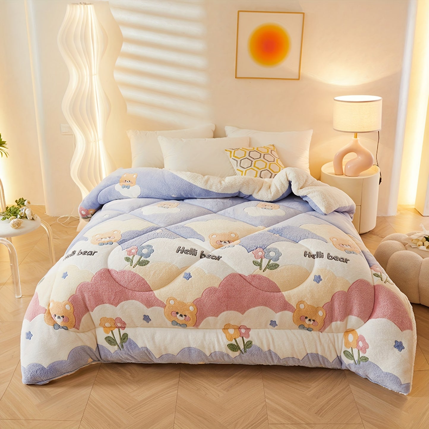 1pc Soft Warm Flower Fleece Printed Winter Polyester Comforter, Autumn And Winter Bedding Suitable For Bedroom, Guest Room