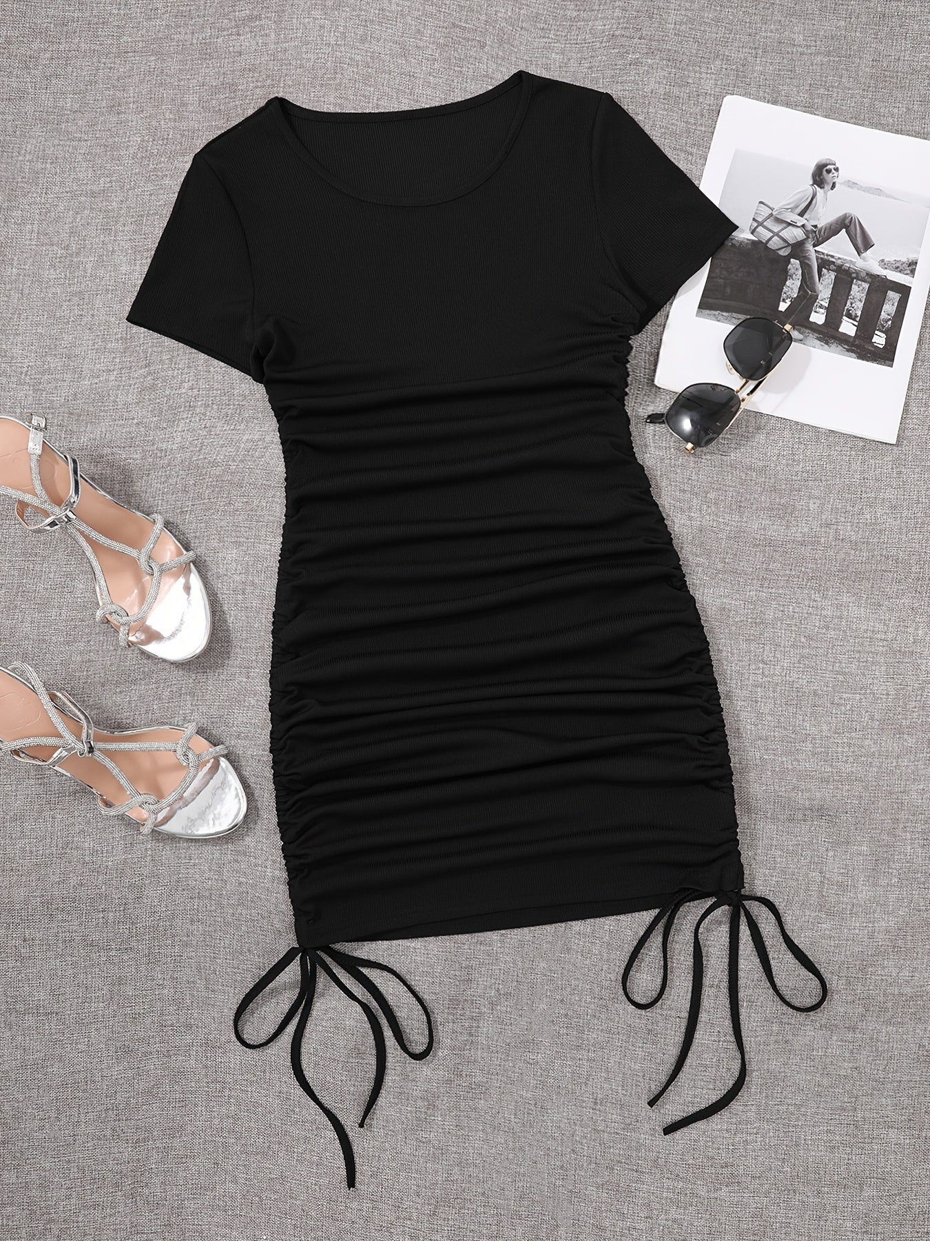 Drawstring Ruched Skinny Dress, Solid Short Sleeve Crew Neck Dress, Women's Clothing