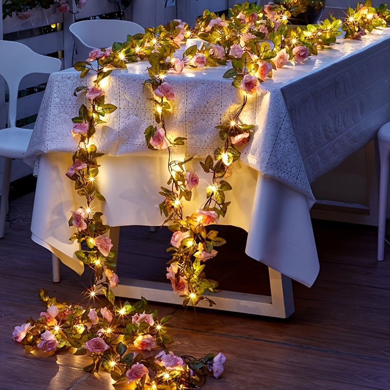 20 LED Champagne Rose Garland String Lights, 2m Floral Vine with Switch Control, Battery Powered, Plastic, Christmas Decorative Flower Theme, No Battery Included