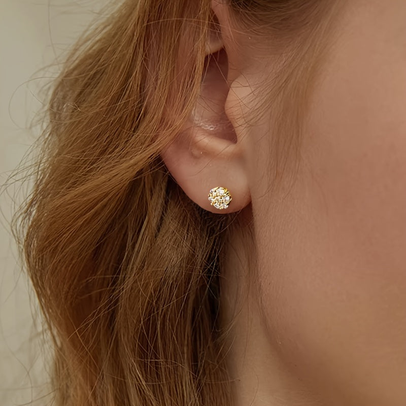 Elegant 1076 Flower Stud Earrings, 18K Golden Plated, Synthetic Cubic Zirconia, Copper, Perfect for Daily Wear and Gift Giving, Suitable for Mother's Day, All Seasons