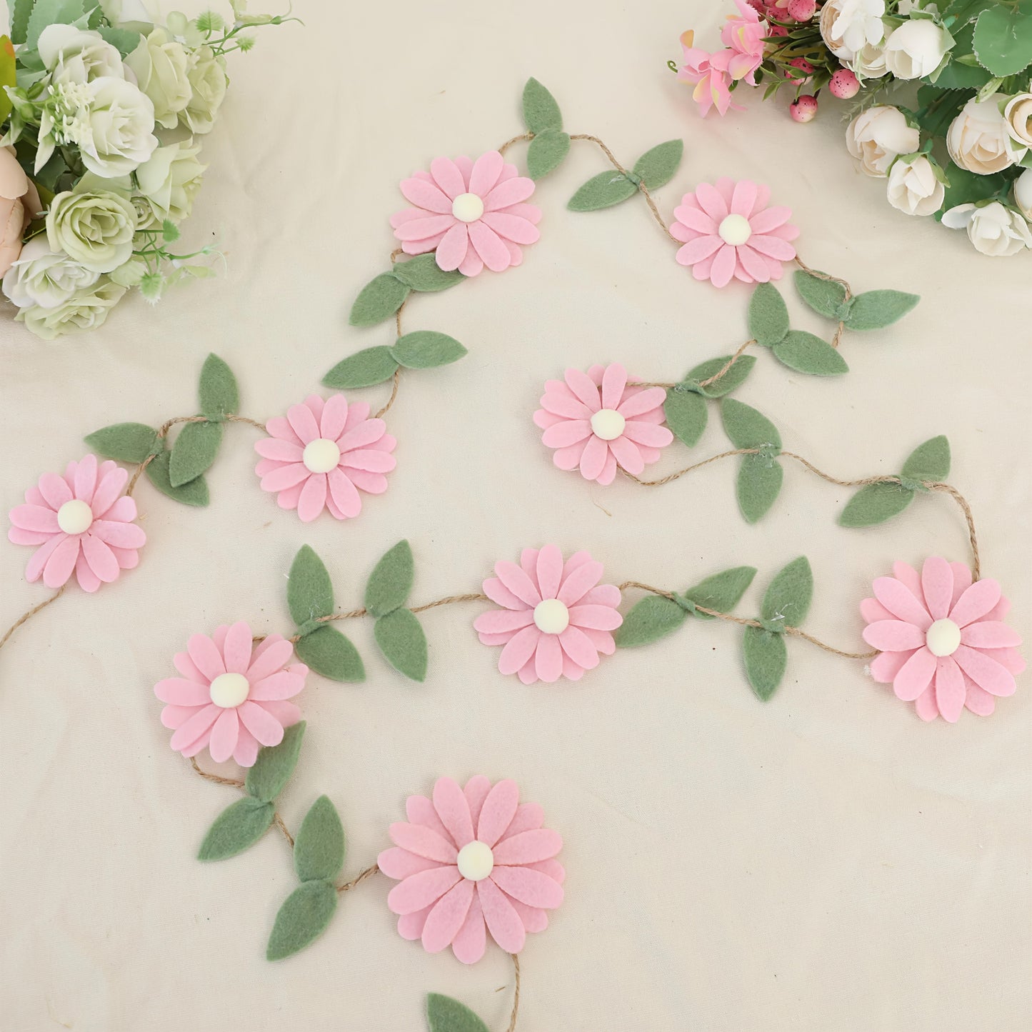 Handcrafted Bohemian Flower Garland - Pastel Pink, White, Orange, Purple Daisy Decor with Green Leaves on Twine - Ideal for Spring Events, Weddings, Birthdays, Youngsters Showers - Versatile Fabric Photo Backdrop & Bedroom De