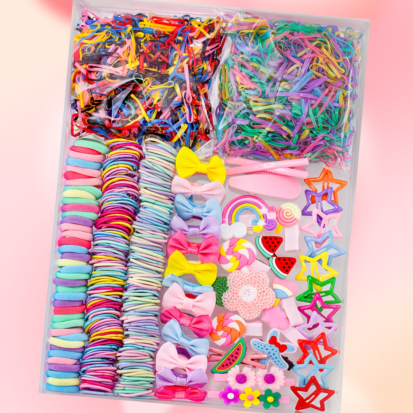 914/879/869/864/280pcs/set Kawaii Colorful Cartoon Hair Accessories Set, includes cartoon hair clips, claw clips, BB clips, rhinestone flower clips, various hair ties, scrunchies, and headbands - essential for daily cute styl