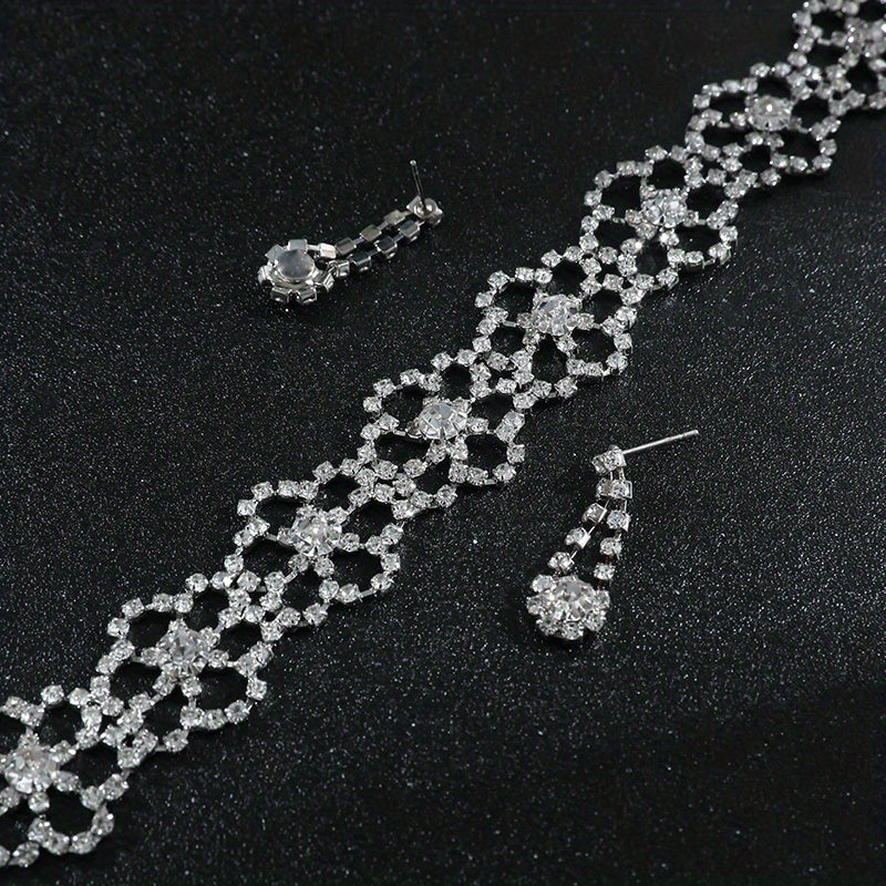 Luxurious Rhinestone & Faux Crystal Flower Jewelry Set - Elegant Claw Chain Necklace and Matching Stud Earrings, Copper Crafted for Daily Wear, Vintage Jewelry