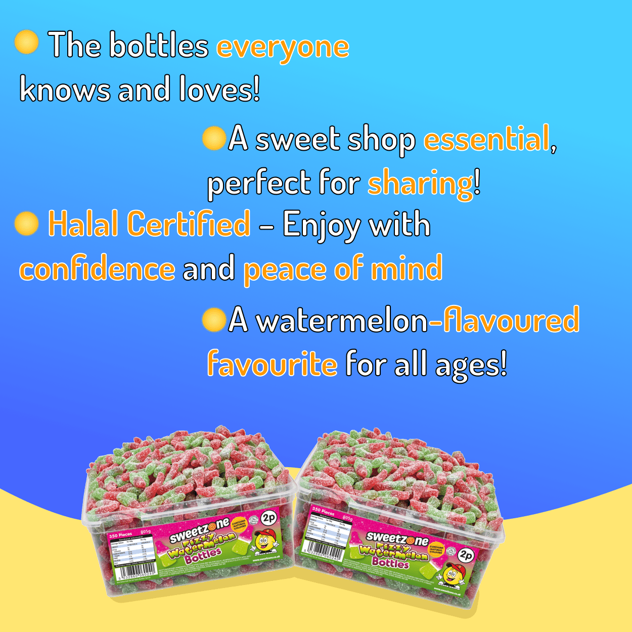 Sweetzone Fizzy Watermelon Bottles - 805g Tub - 350 Pieces - Pic N Mix Style Sweets